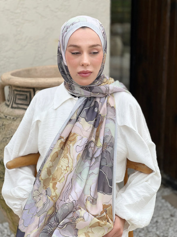 Lina Desenli Şal - Açık Gri