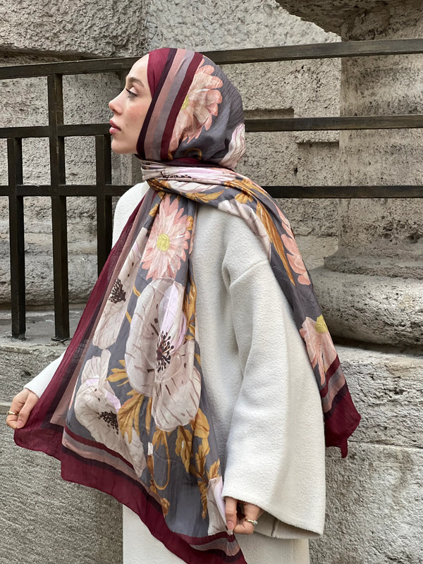Margarit Desen Bambu Şal - Bordo