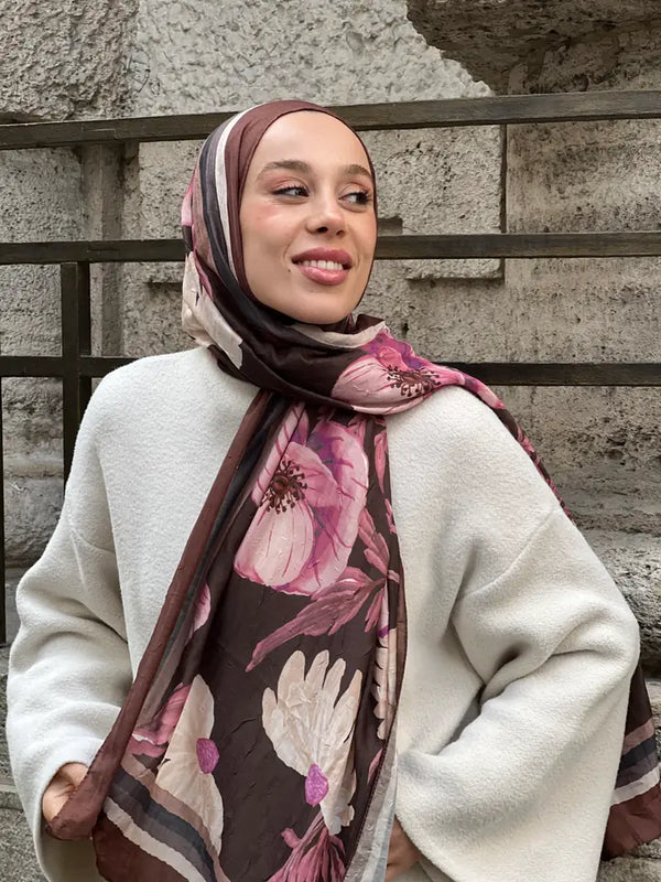 Margarit Desen Bambu Şal - Kahverengi