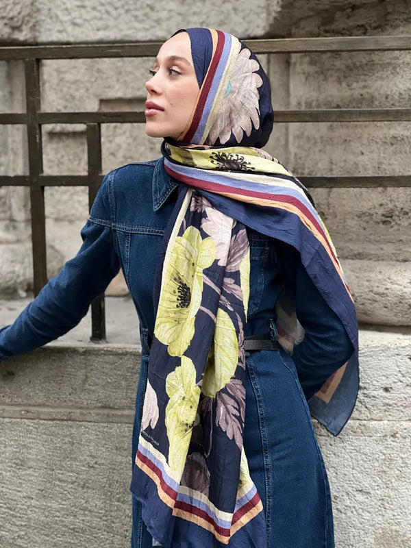 Margarit Desen Bambu Şal - Lacivert