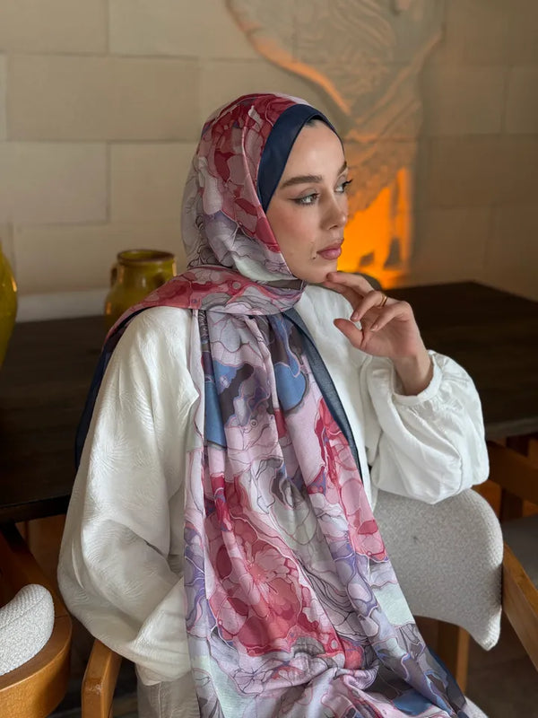Lina Desenli Şal - Lacivert Pembe