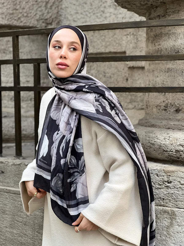 Margarit Desen Bambu Şal - Siyah Beyaz