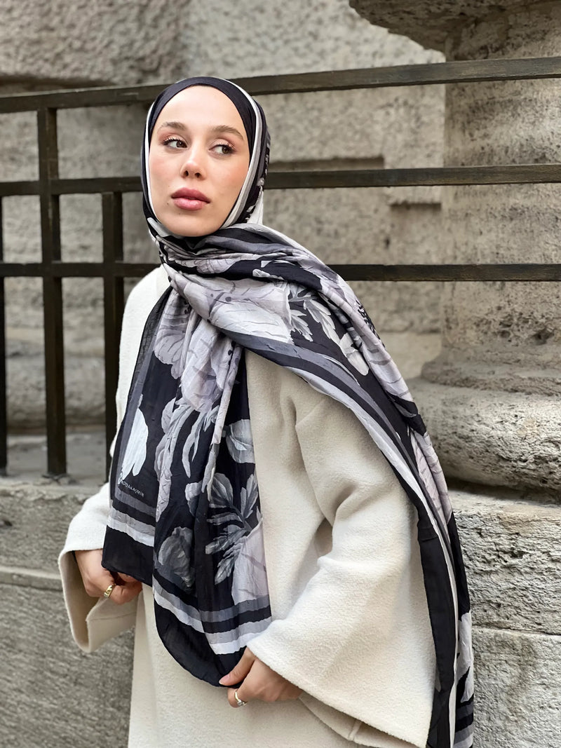 Margarit Desen Bambu Şal - Siyah Beyaz