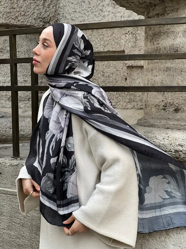 Margarit Desen Bambu Şal - Siyah Beyaz