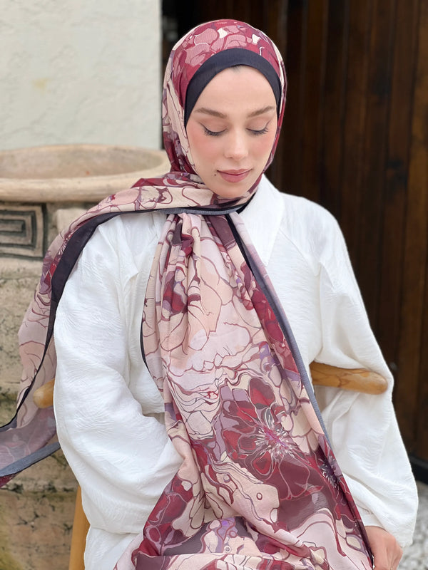 Lina Desenli Şal - Siyah Bordo