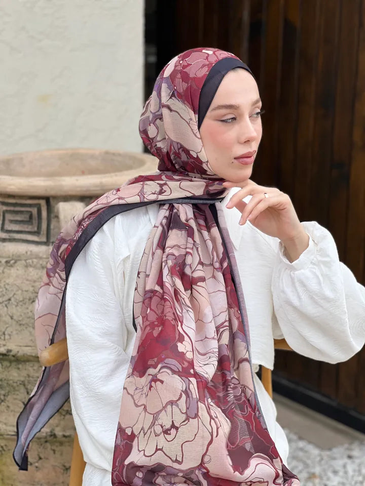 Lina Desenli Şal - Siyah Bordo