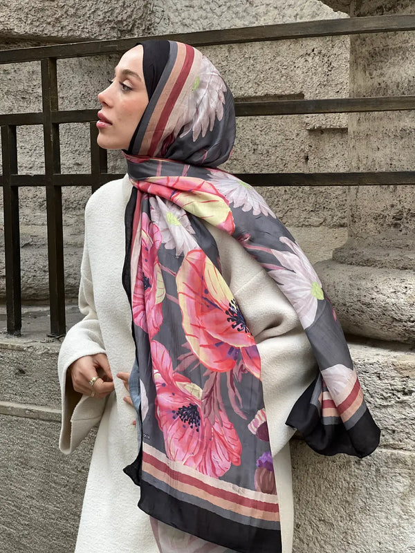 Margarit Desen Bambu Şal - Siyah Koyu Gri