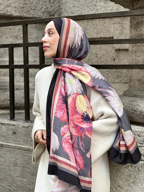 Margarit Desen Bambu Şal - Siyah Koyu Gri