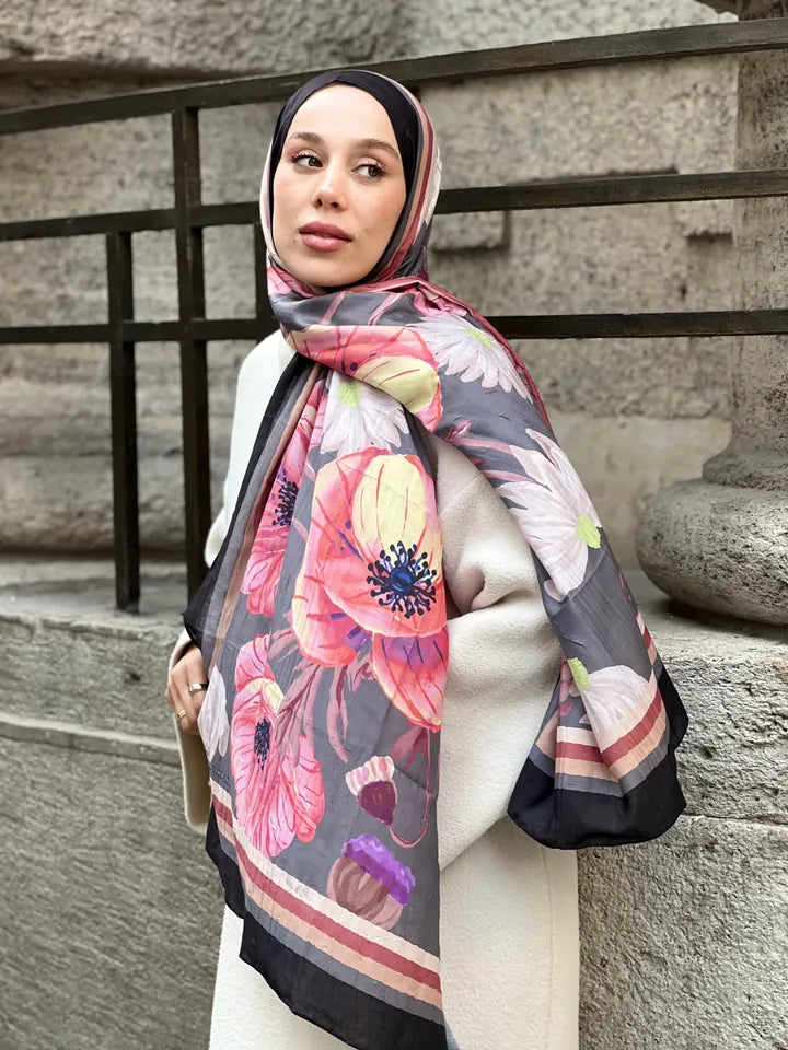 Margarit Desen Bambu Şal - Siyah Koyu Gri