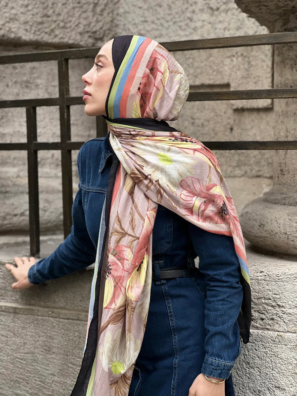 Margarit Desen Bambu Şal - Siyah Mavi