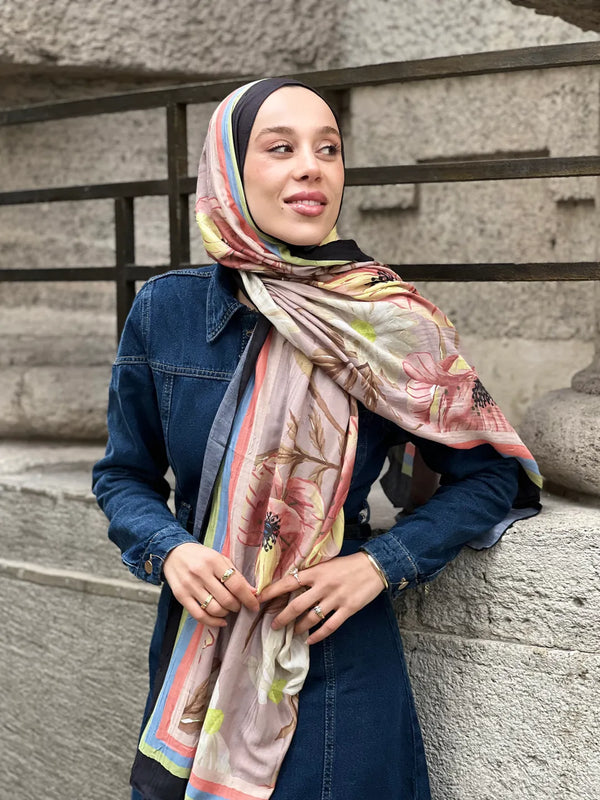 Margarit Desen Bambu Şal - Siyah Mavi