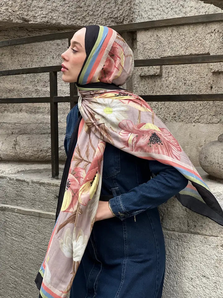 Margarit Desen Bambu Şal - Siyah Mavi