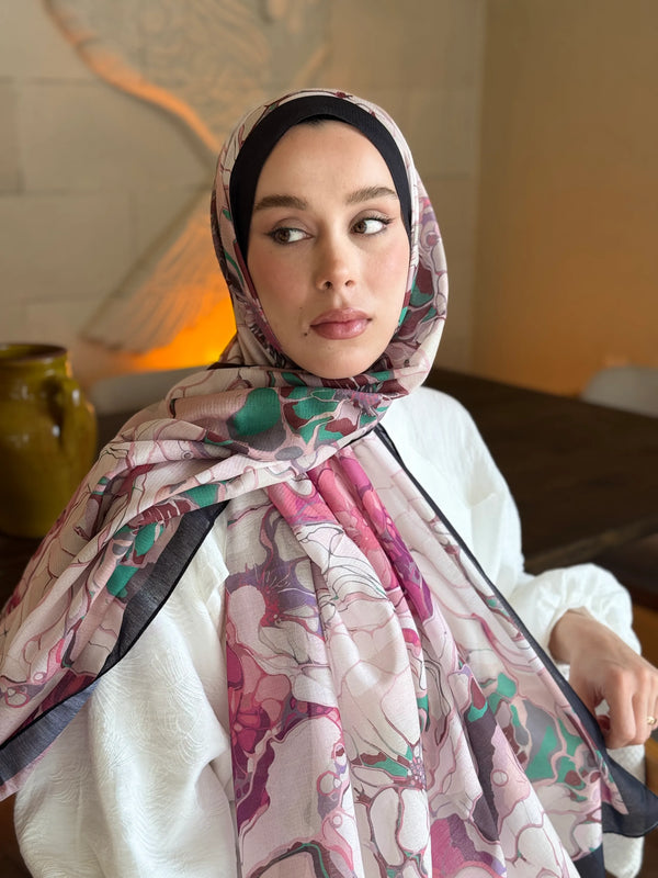 Lina Desenli Şal - Siyah Pembe