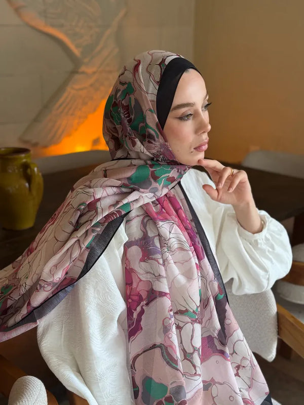Lina Desenli Şal - Siyah Pembe